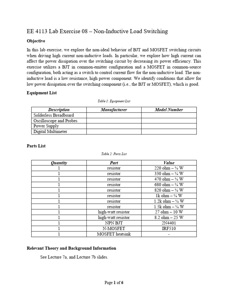 Non-Inductive Load Switching Lab Guide | PDF | Resistor | Electrical ...