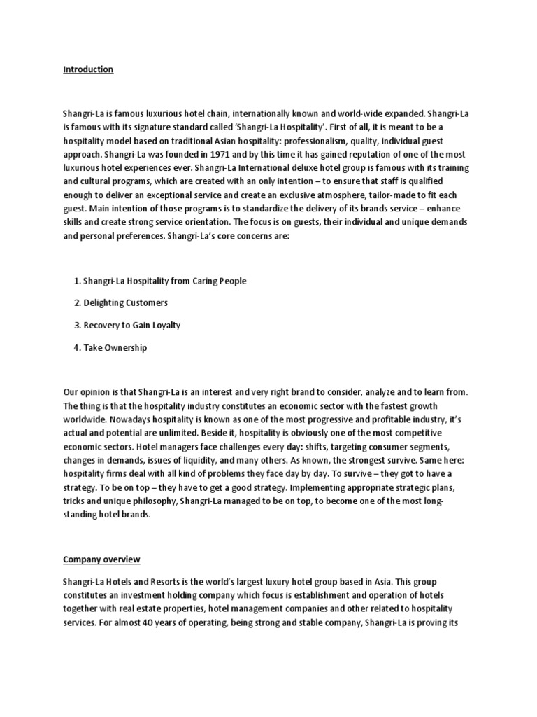 Shangri La Competitive Advantage Strategic Management