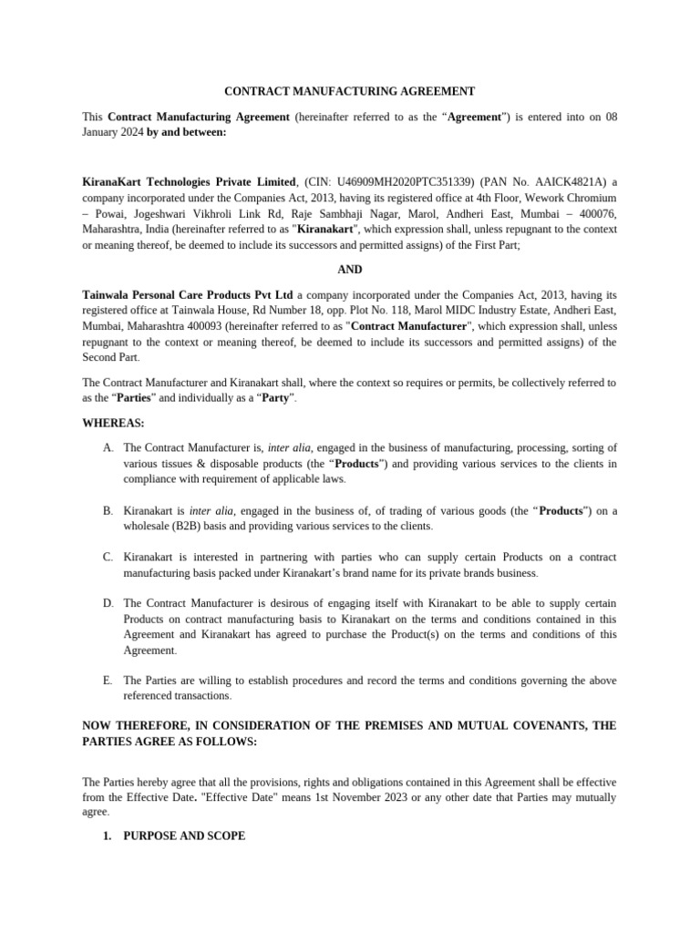 Curated visual reference: Picture Idea: Contract Manufacturing Agreement Overview Pdf