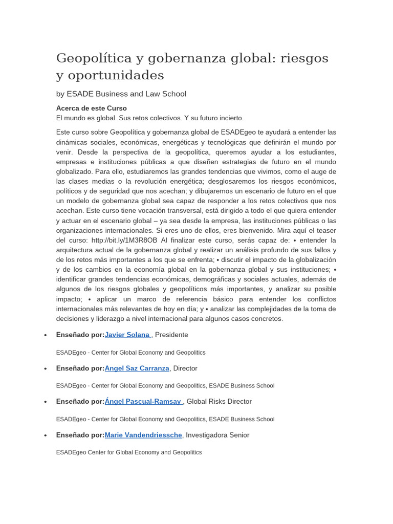 Geopolítica y Gobernanza Global en ESADE | PDF | Gobernancia | Gobierno ...