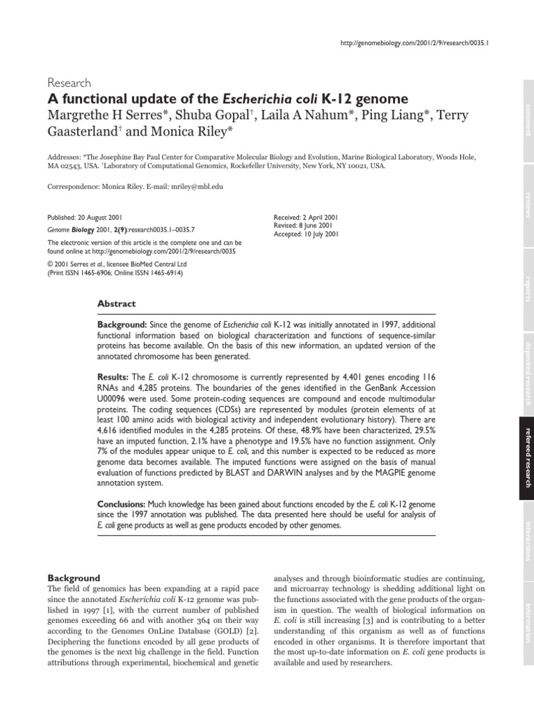 A Functional Update of The Escherichia Coli K-12 Genome | PDF | Gene ...