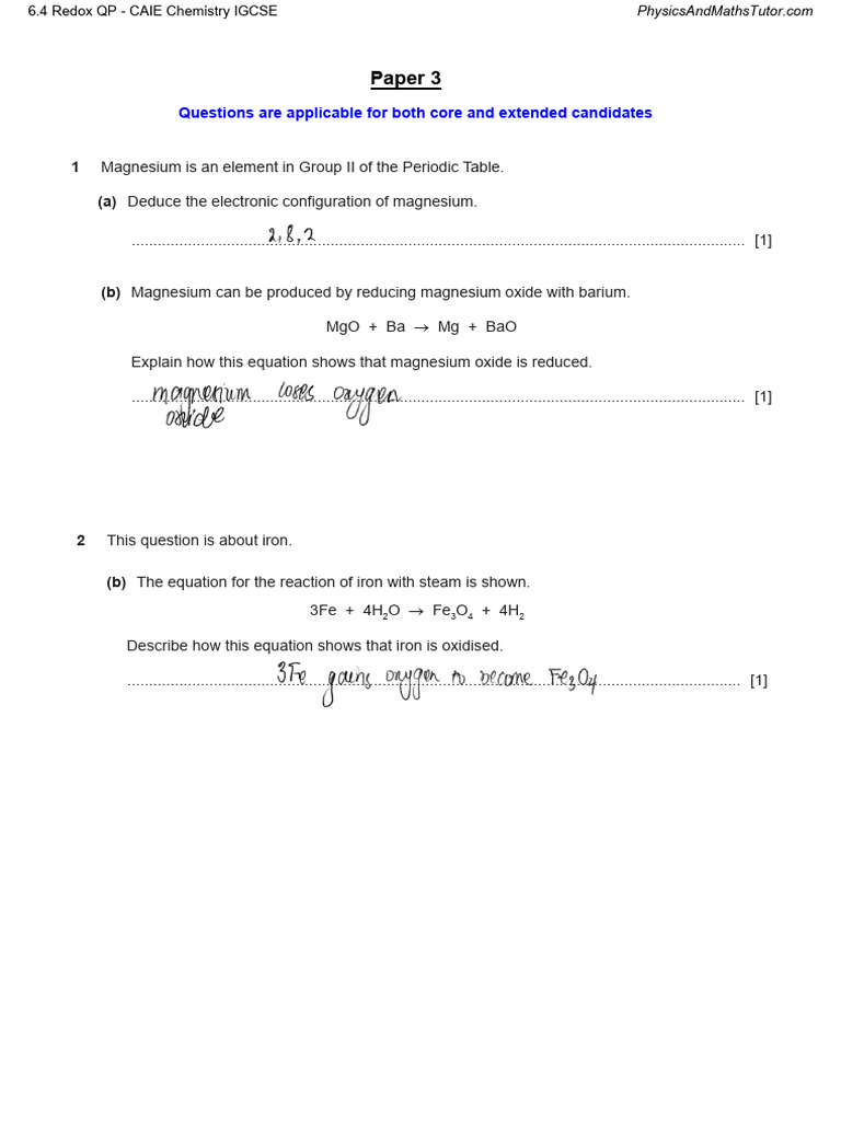 IGCSE Redox Reactions Practice Questions | PDF | Redox | Oxide