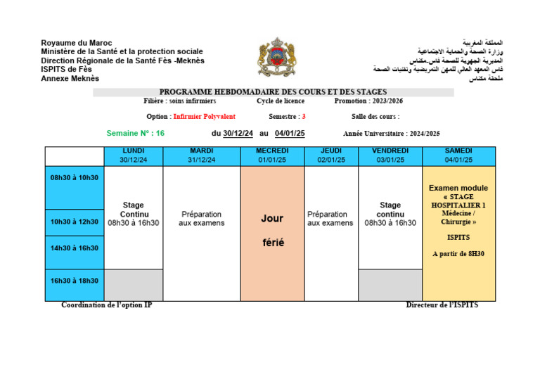 Emploi du temps ISPITS S3 - Jan 2025 | PDF | Soins de santé | Médecine