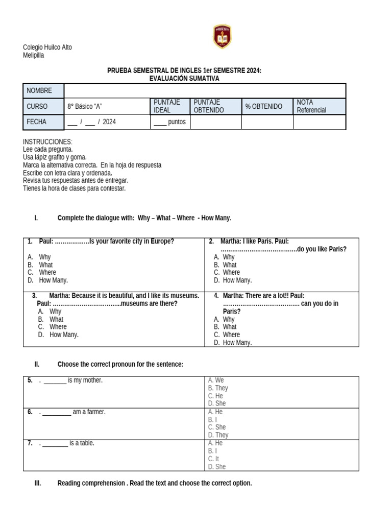 English Semester Exam 2024 - 8th Grade | PDF | Earth Sciences ...