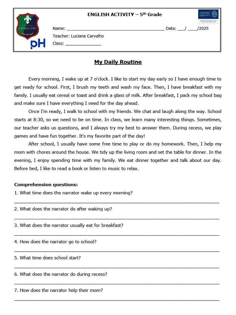 Daily Routine for 5th Graders | PDF