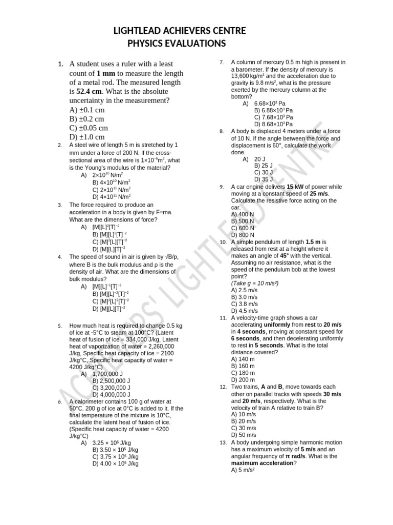 Physics Evaluations and Problem Set | PDF | Force | Heat Capacity