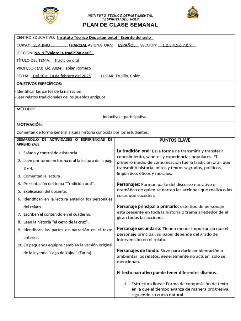 Plan de Clase 1 Septimogrado 2025 | PDF | Narración | Maestros