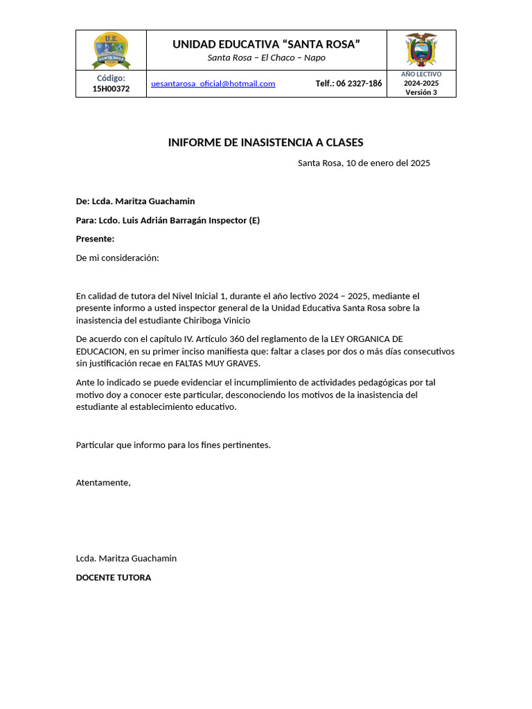 Informe de Inasistencia Estudiante 2024-2025 | PDF