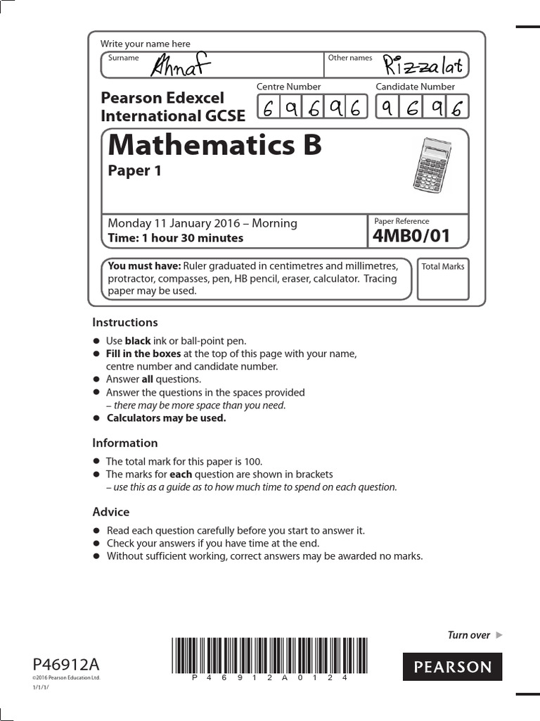 Mathematics B Paper 1 Instructions | PDF | Circle | Elementary Geometry