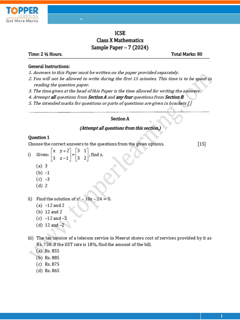 ICSE Class X Mathematics Sample Paper 7 | PDF | Area | Circle