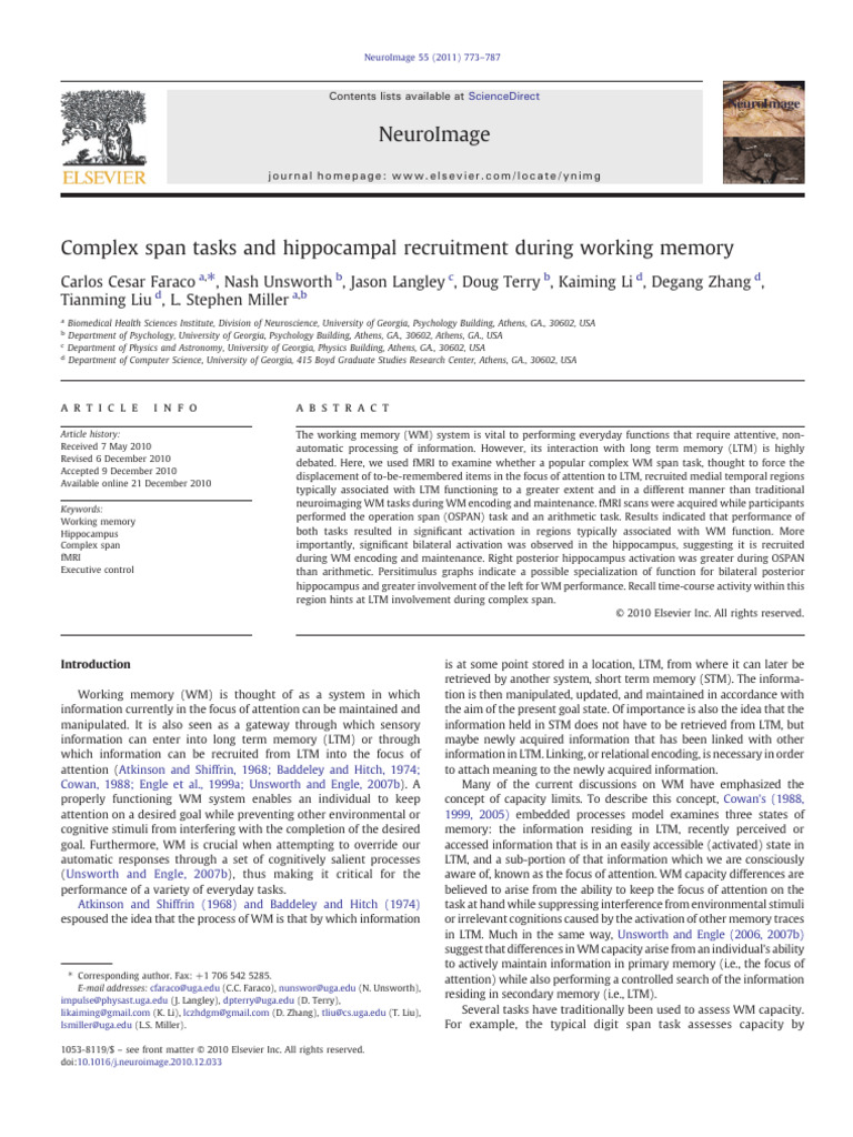 Hippocampus Role in Working Memory Tasks | PDF | Prefrontal Cortex ...