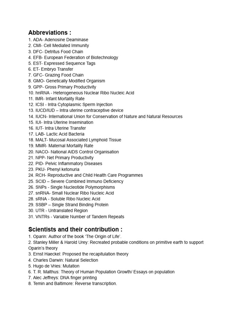 Key Scientific Abbreviations and Contributions | PDF | Dna | Genetic Code