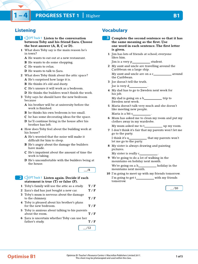 OPT B1 Progress Test 1 Higher | PDF
