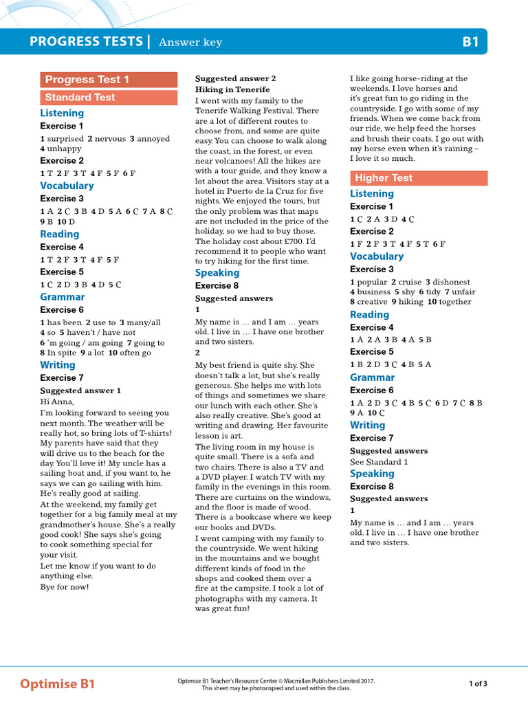 B1 Progress Test Answer Key | PDF