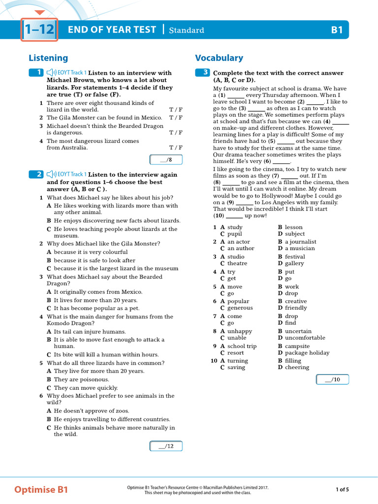 B1 End of Year Test Overview | PDF | Lizard