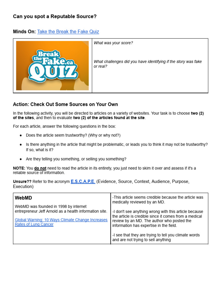 Copy of Can You Spot a Reputable Source - Grade 9_10 Science (1) | PDF ...