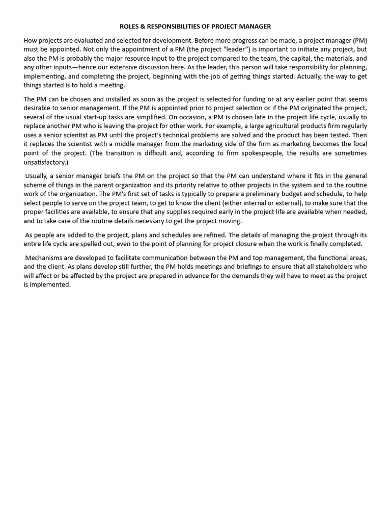 Project Manager Roles and Responsibilities | PDF | Leadership | Goal