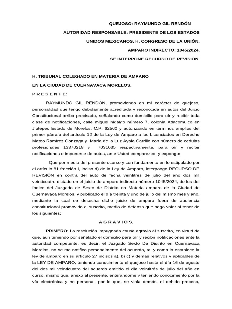 Recurso de Revisión en Amparo 1045/2024 | PDF | Debido al proceso ...