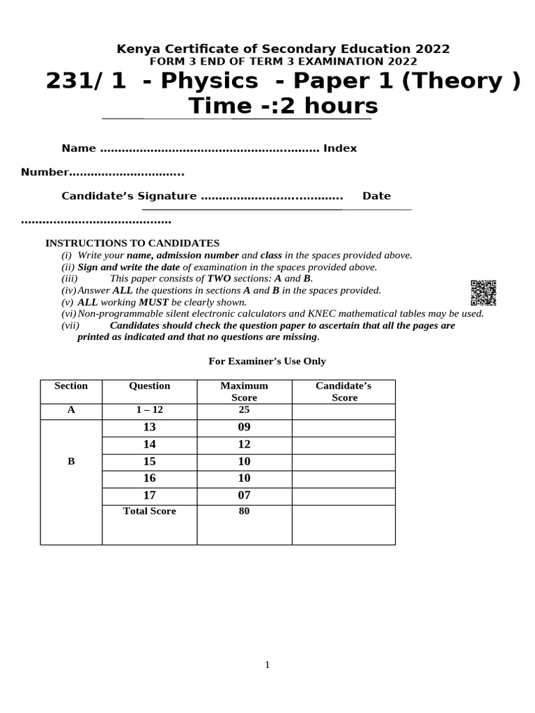 KCSE 2022 Physics Paper 1 Exam Guide | PDF | Acceleration | Heat