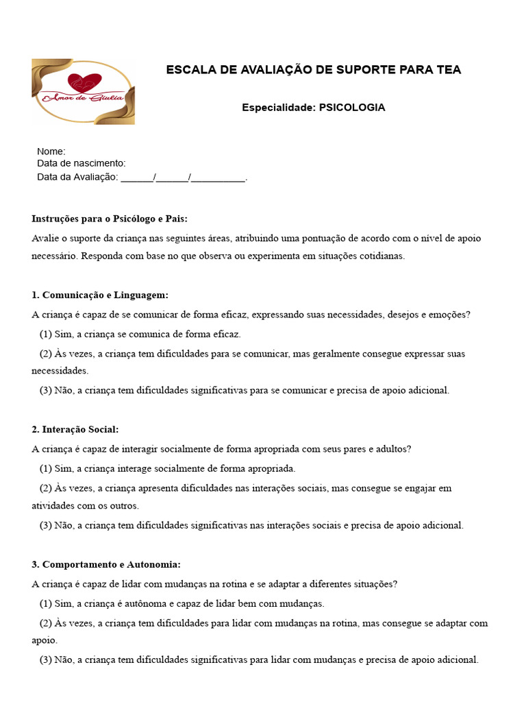 Avaliação de Suporte para Crianças com TEA | PDF | Autismo | Comportamento