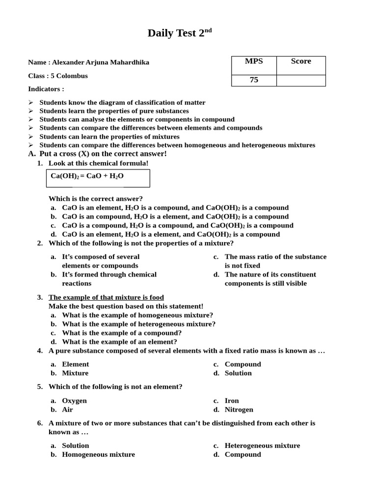 Daily Test 2nd Global Science | PDF | Mixture | Chemical Compounds