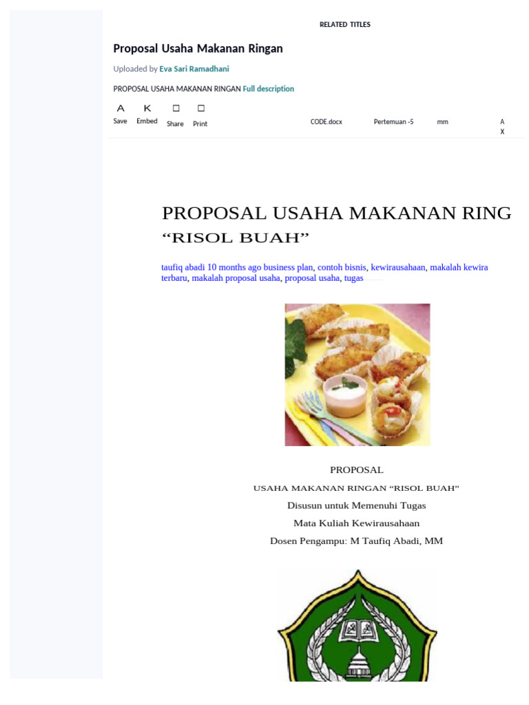 Proposal Usaha Risol Buah Sehat | PDF