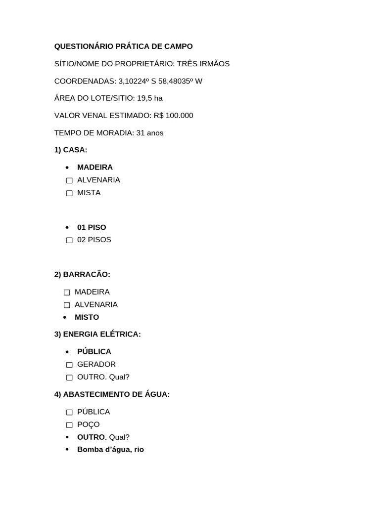 Questionário de Prática de Campo - Propriedade Três Irmãos | PDF
