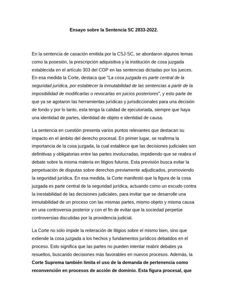 Ensayo Sobre La Sentencia SC 2833 | PDF | Posesión (Ley) | Res Judicata