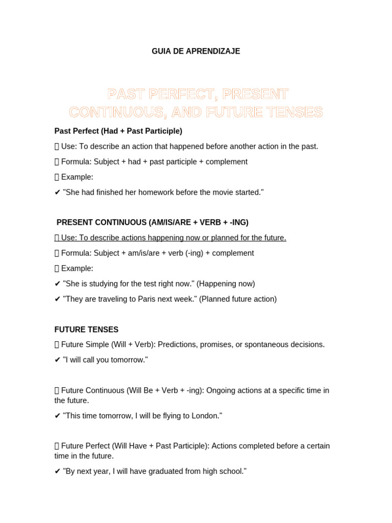 Past Perfect, Present Continuous, and Future Tenses 11 | PDF | Perfect ...