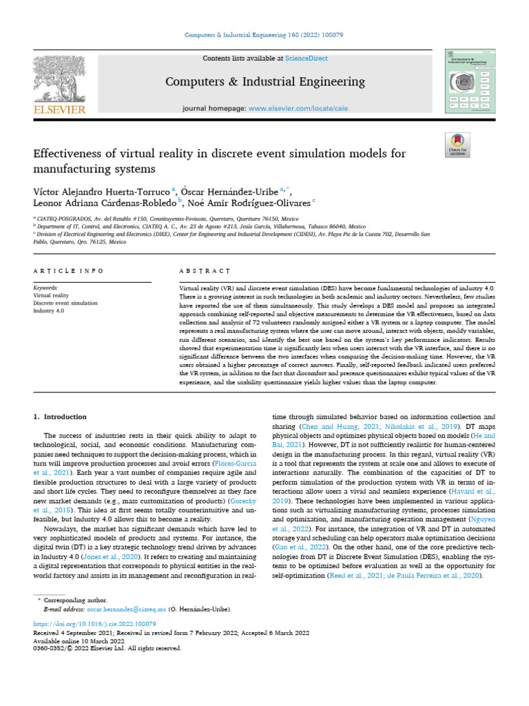VR in Discrete Event Simulation for Manufacturing | PDF | Virtual ...