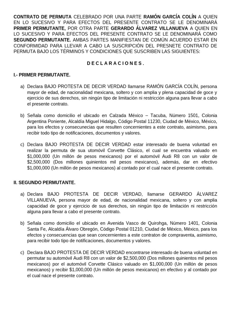 Contrato de Permuta de Automóviles | PDF | México