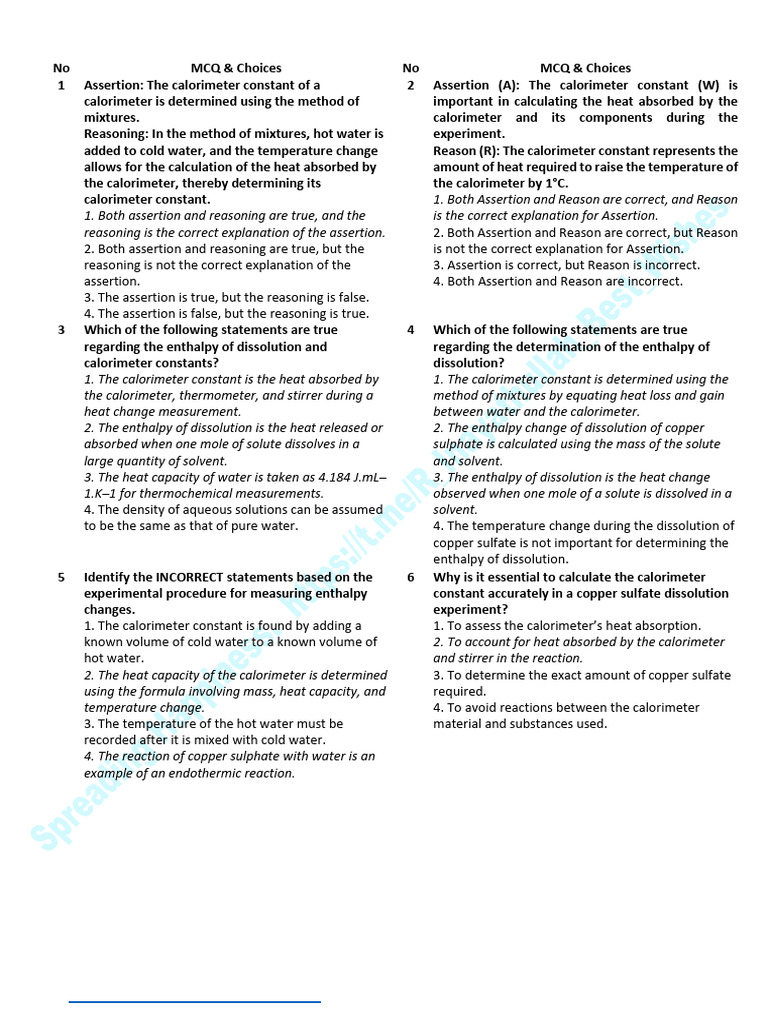 94 MCQs Enthalpy of Solution of CuSO4 & Enthalpy of Neutralization ...