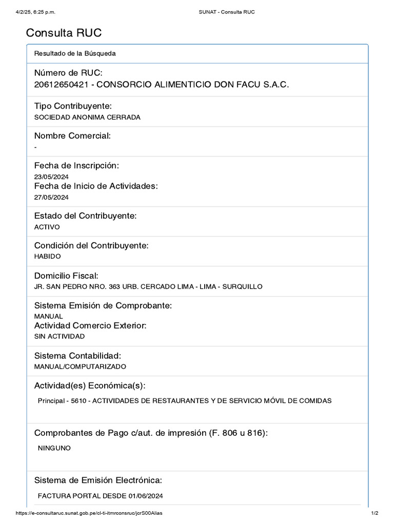Consulta RUC: Consorcio Alimenticio Don Facu | PDF