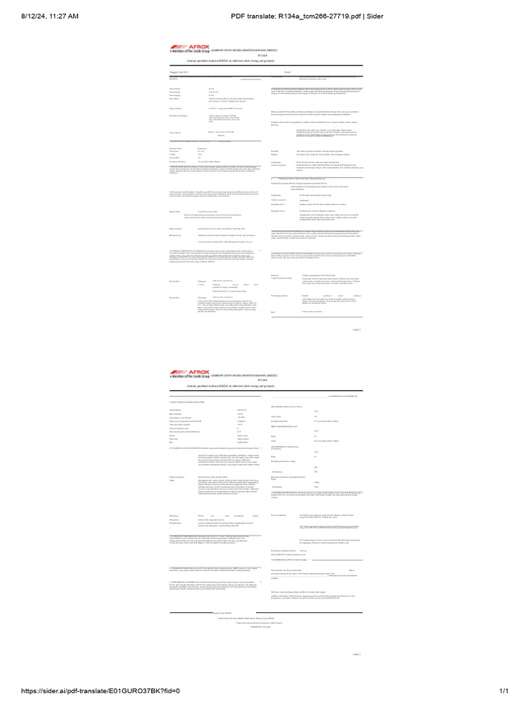 MSDS R134a: Informasi Keselamatan dan Tindakan | PDF