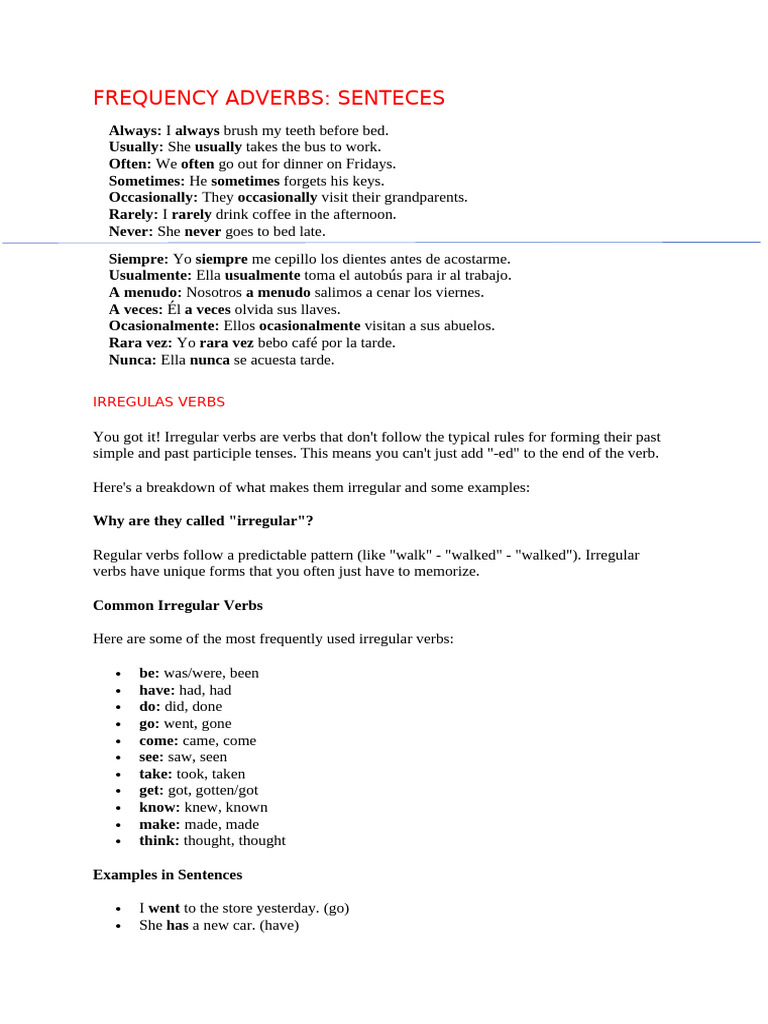 Frequency Adverbs and Irregular Verbs Guide | PDF | Linguistic Typology ...