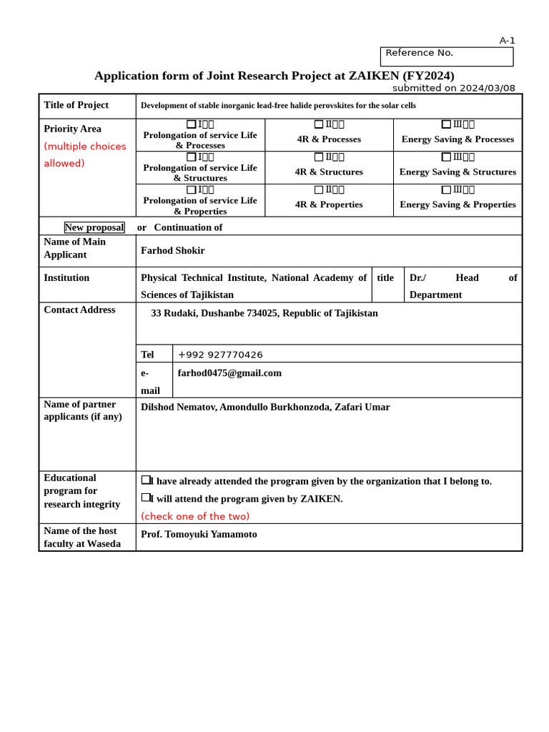 application form2024ーNAST | PDF | Solar Cell | Physical Chemistry