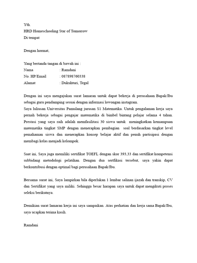 Cover Letter Ramdani | PDF