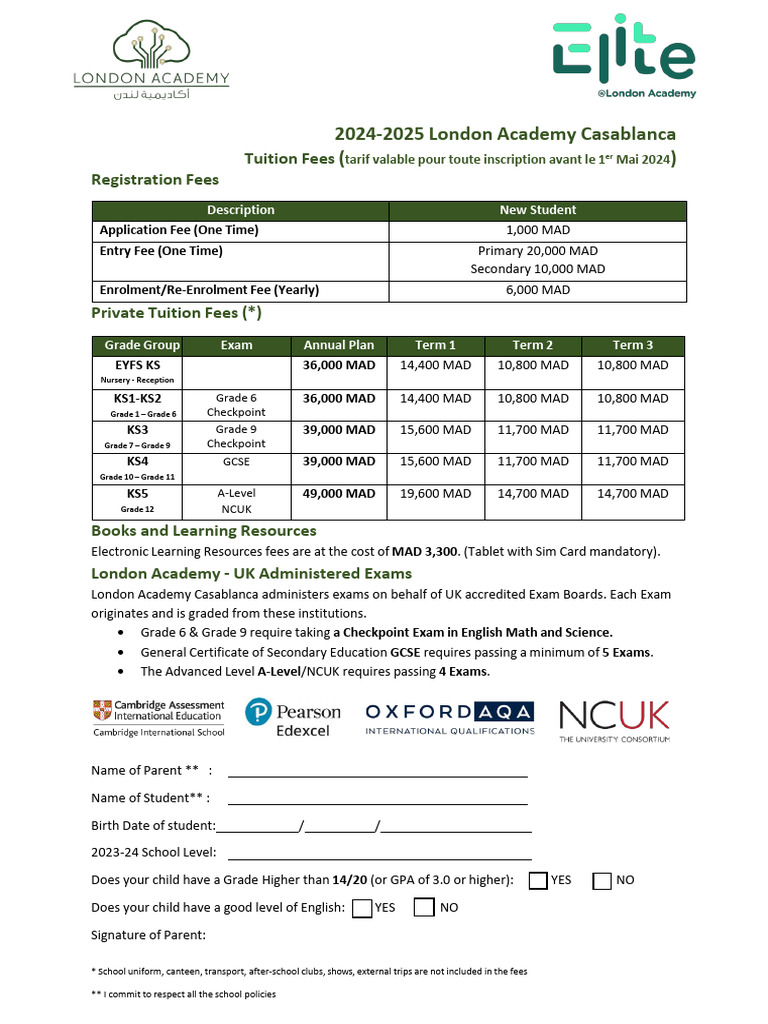 London Academy Casablanca Tuition 2024-2025 | PDF | Qualifications ...