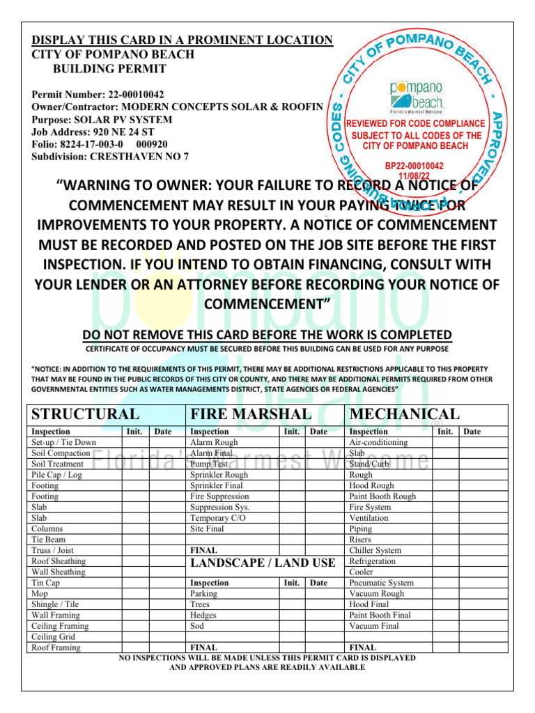 Pompano Beach Solar Permit BP22-00010042 | PDF | Wall | Storm Drain