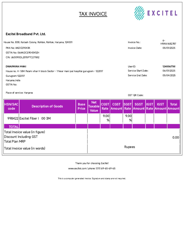 Excitel Broadband Tax Invoice 2025 | PDF | Sales | Government
