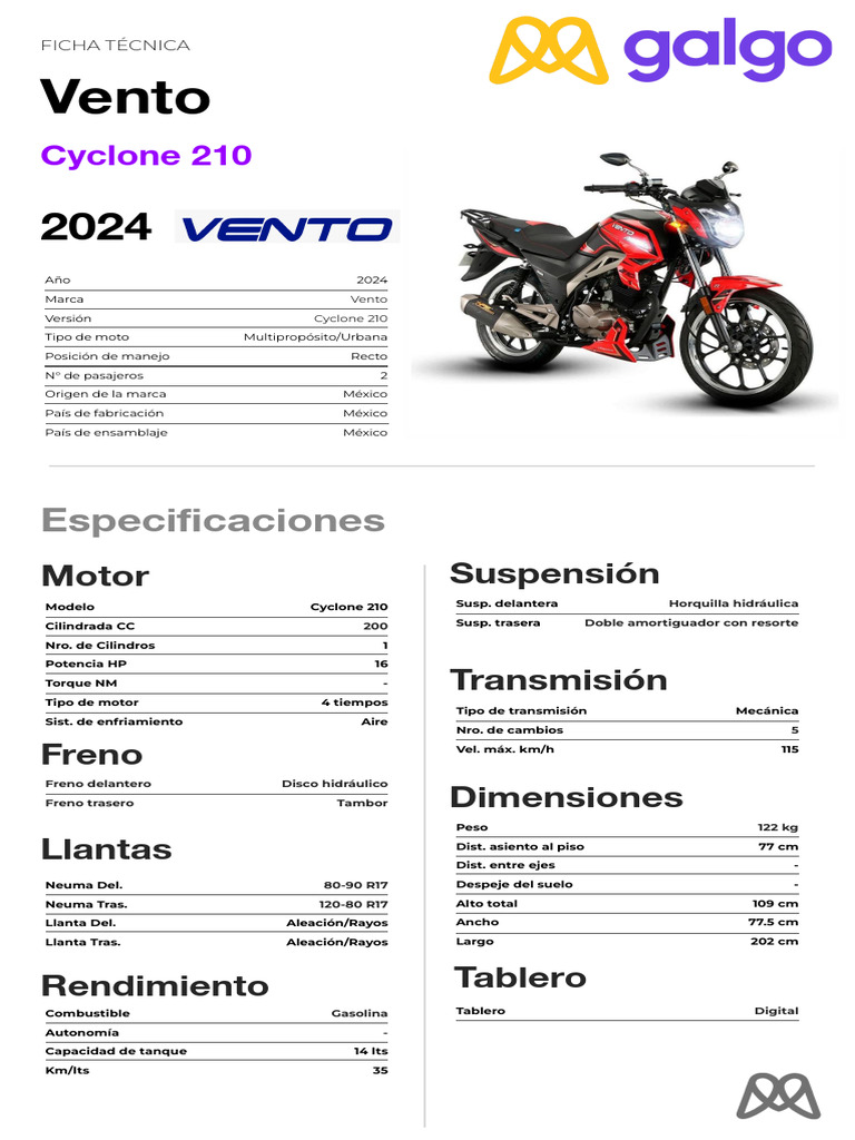 Vento Nitrox 210: Ficha Técnica 2024 | PDF | Motocicleta | Vehículo de ...