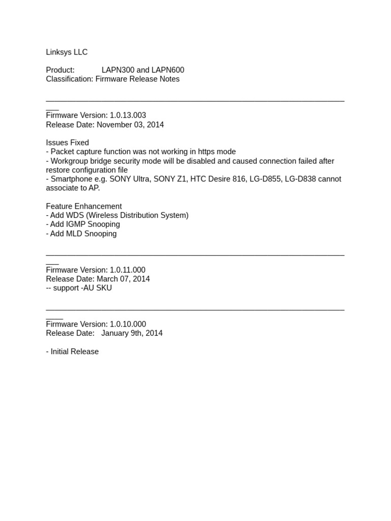 LAPN300/LAPN600 Firmware Release Notes | PDF