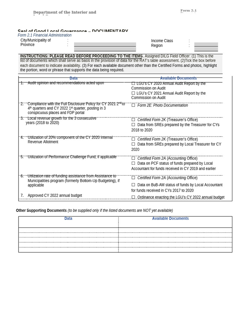 Form 2.1-2.10- SGLG Documentary Checklist_PCM | PDF | Emergency ...