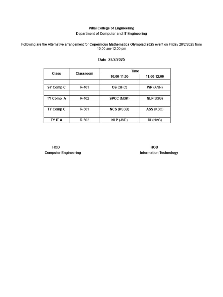 28 2 2025 alternative tt arrangements for time 10 00 12 00 google