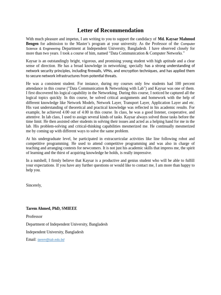 Recommendation Letter 2 | PDF | Computer Network | Knowledge