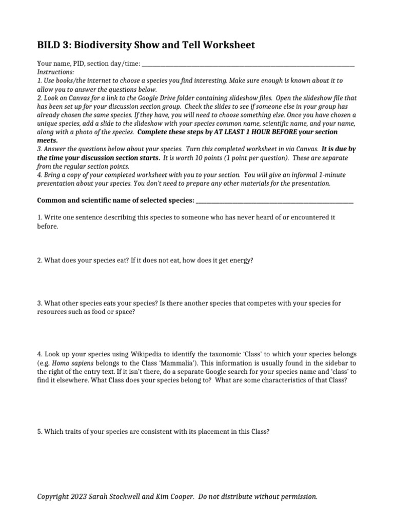 BiodiversityShowAndTellWorksheet BILD3 | PDF | Species