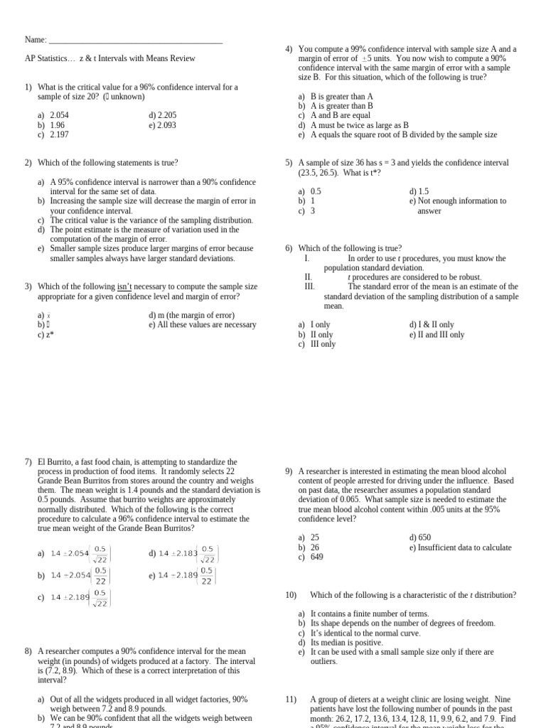 AP Statistics: z & t Intervals Review | PDF | Sample Size Determination | Confidence Interval