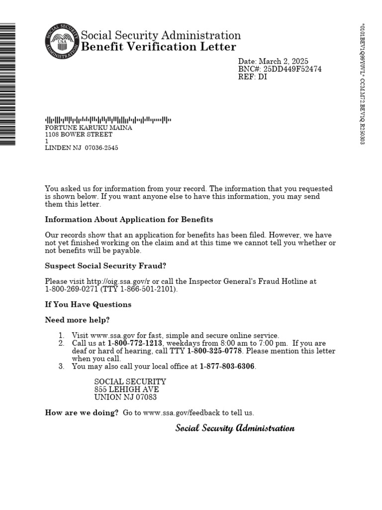 Social Security Benefit Verification Letter | PDF