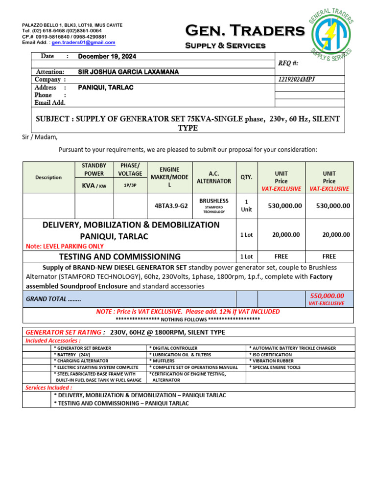 75KVA Silent Diesel Generator Proposal | PDF | Mains Electricity | Damages