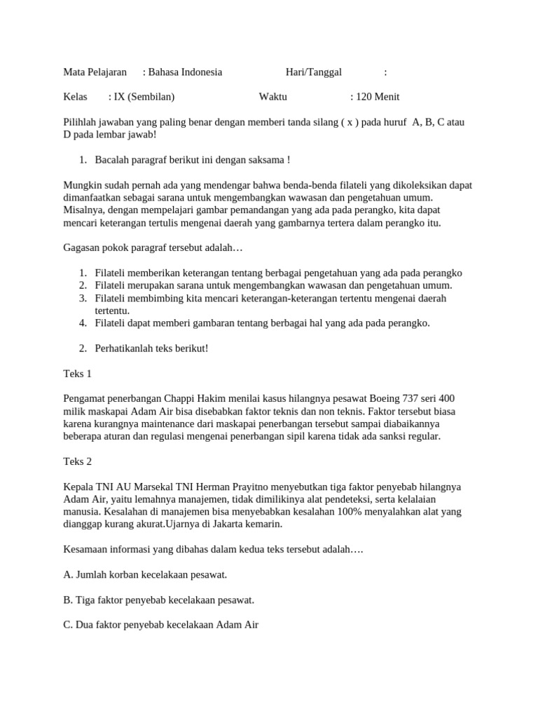 Soal Ulangan Bahasa Indonesia Kelas IX | PDF